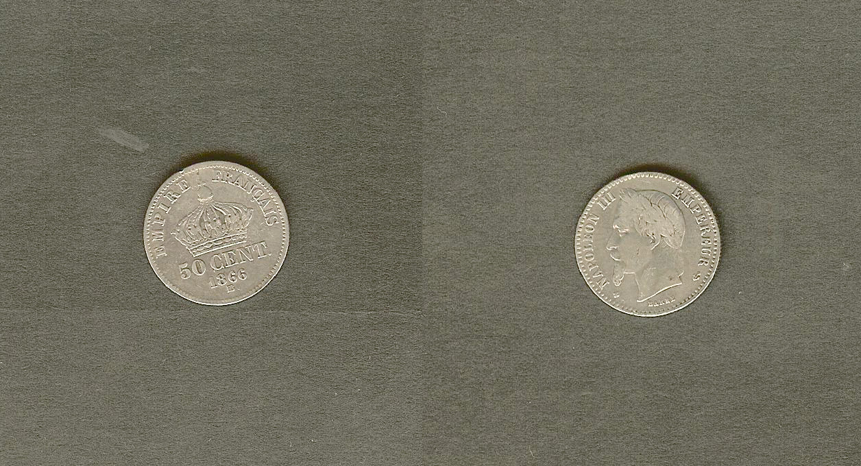 50 centimes Napoléon III, tête laurée 1866 Strasbourg  TB à TTB-